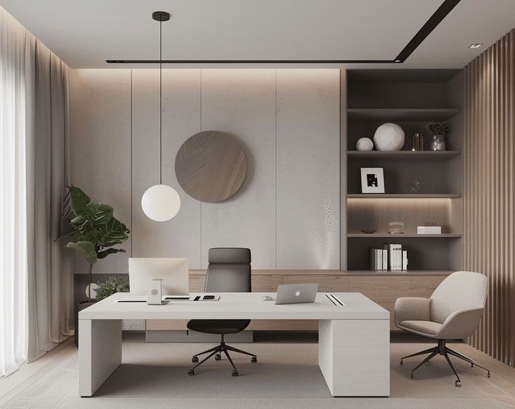 Company director in a modern office setting sharing vision and leadership message.